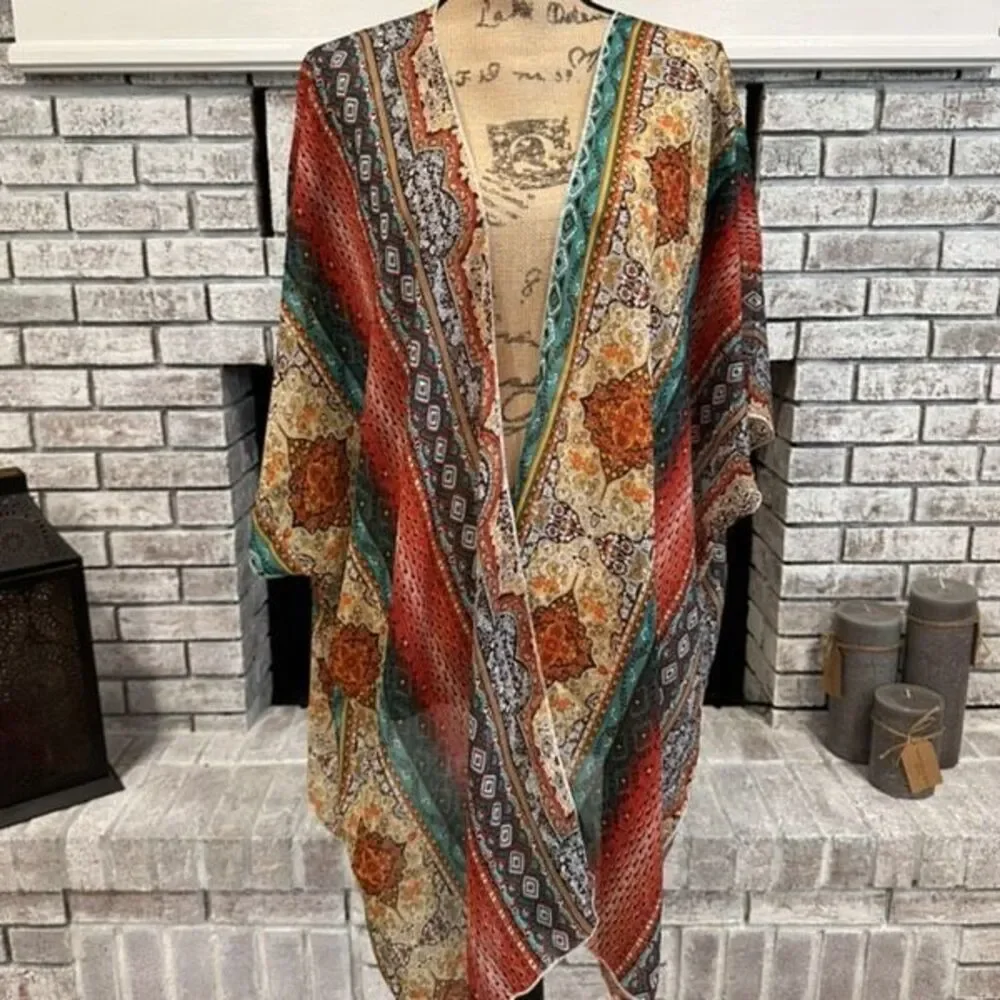 Unbranded Womens Floral Geometric Print Open Front Kimono Multicolor One Size - Picture 2 of 8